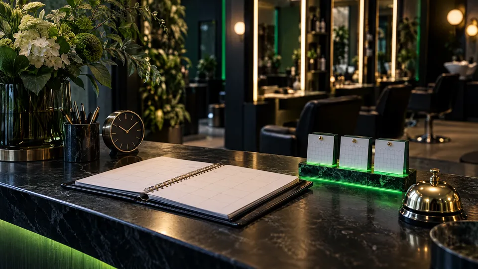 Illustrative salon reception desk with a diary and connected calendar cards.