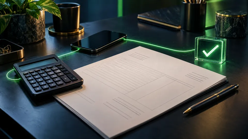 Illustrative business desk with a draft invoice and an approval checkmark.
