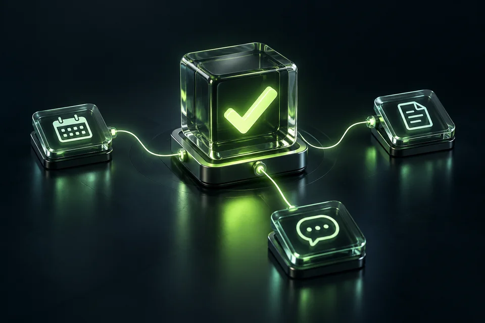 Glass calendar, document and message tiles connected to a glowing approval checkmark.