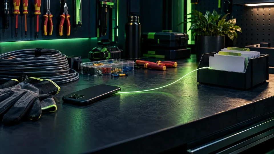 Illustrative electrician’s workbench with a phone linked to organised job cards.